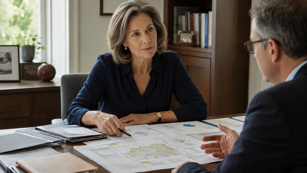 A mature widowed woman reviewing an organized estate asset map with a professional adviser
