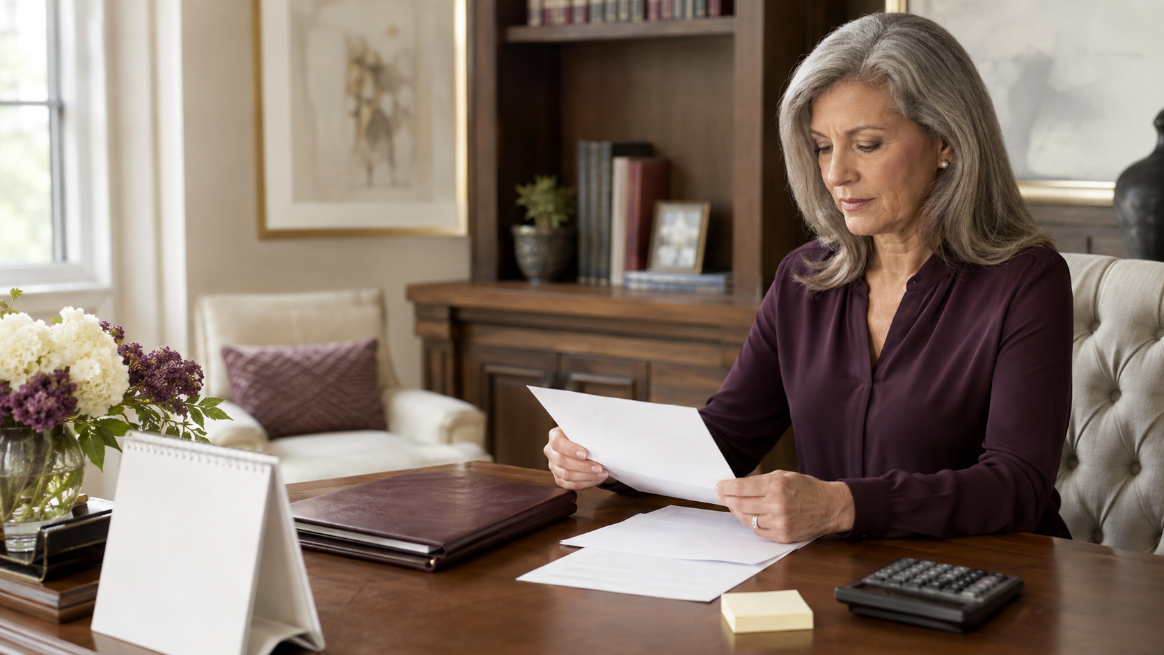A mature widowed woman calmly organizing tax records at a home office desk