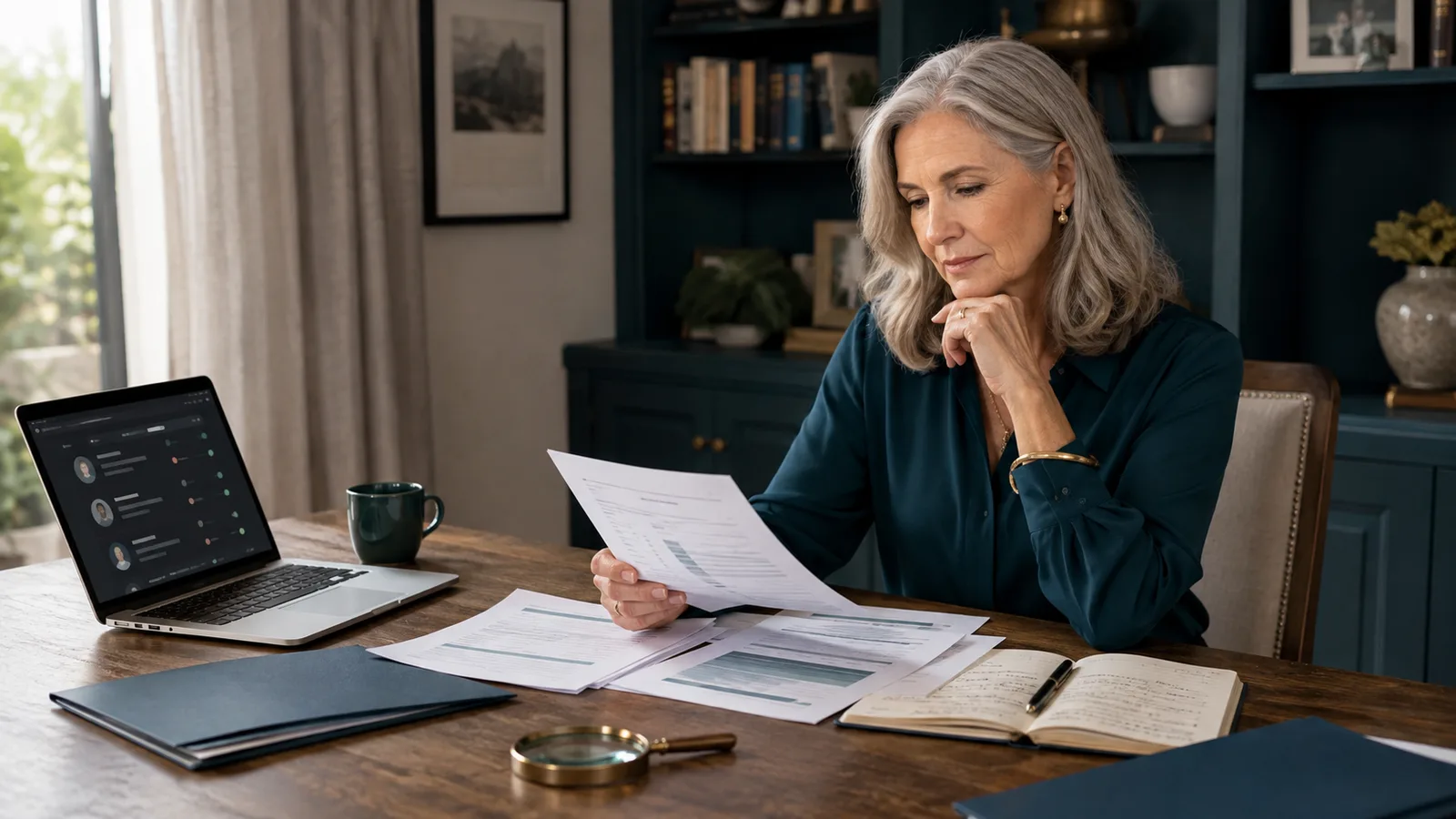 A widowed woman independently comparing financial adviser records and fee documents in her home study